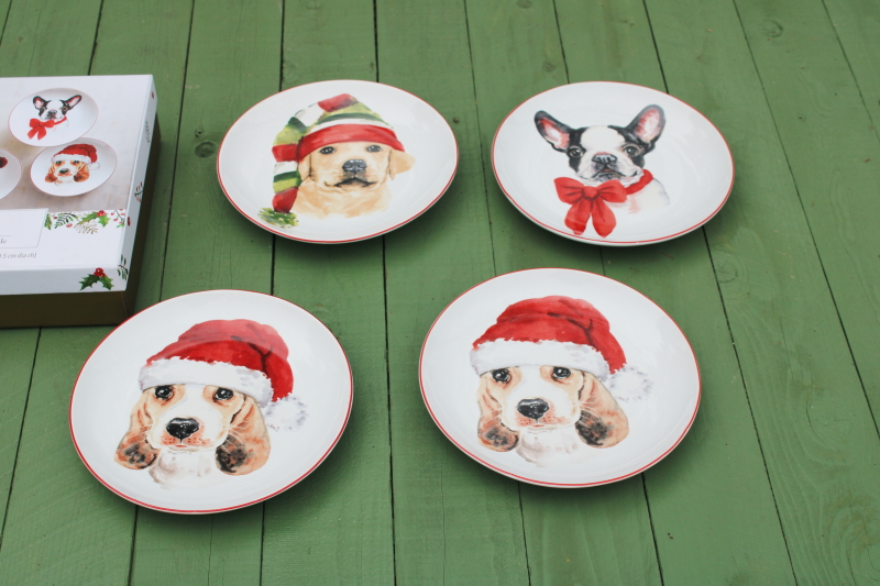 photo of Pier 1 Christmas puppies holiday salad or dessert plates dogs in winter hats!  #3